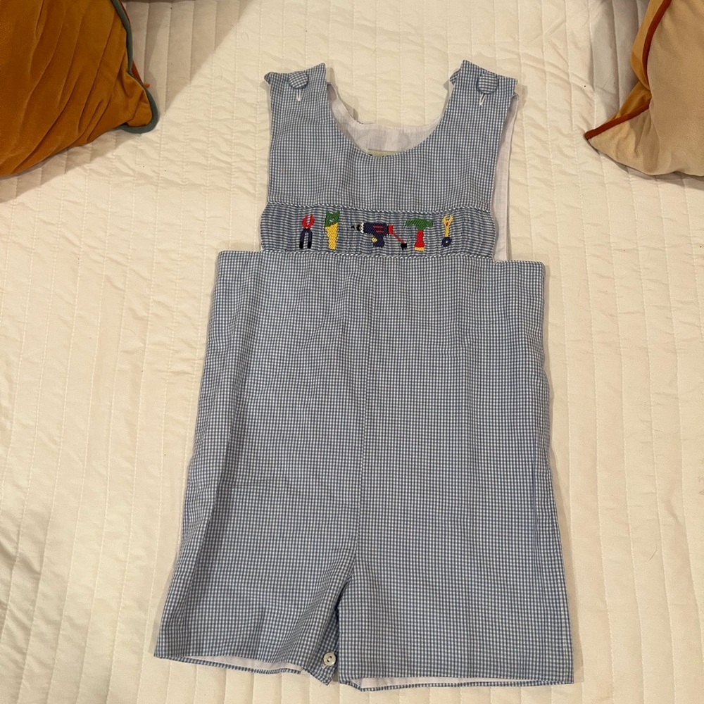 Blue Gingham Kids Shortalls with Colorful Smocked Detail